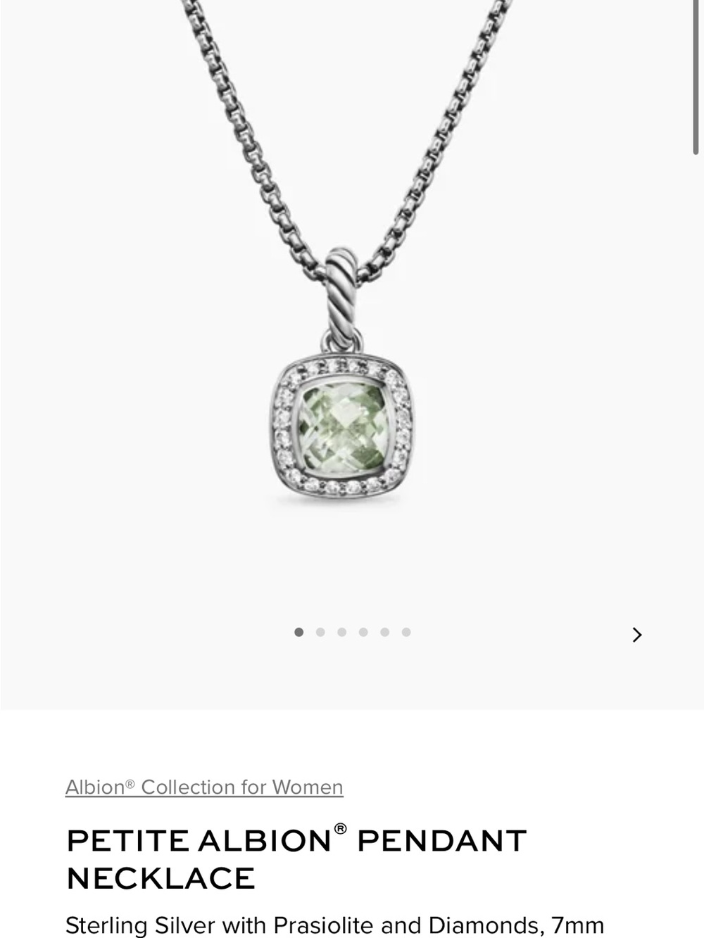 David Yurman petite Albion Sterling Silver Necklace with Light Green Center Ston